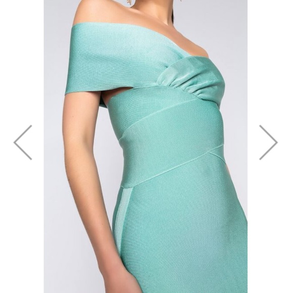 LIGHT GREEN OFF THE SHOULDER BANDAGE DRESS - Picture 4 of 4